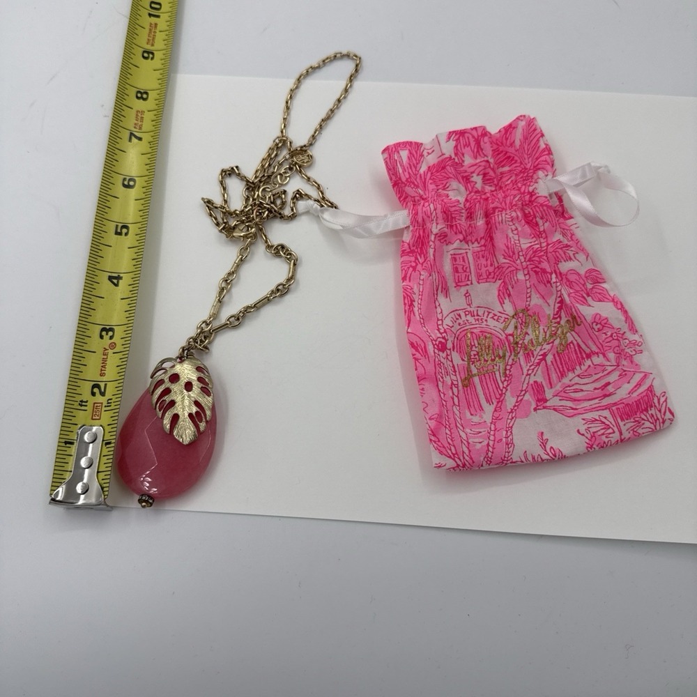 Lilly Pulitzer Pink Stone Monstera Leaf Gold Tone Long Pendant Necklace Tropical